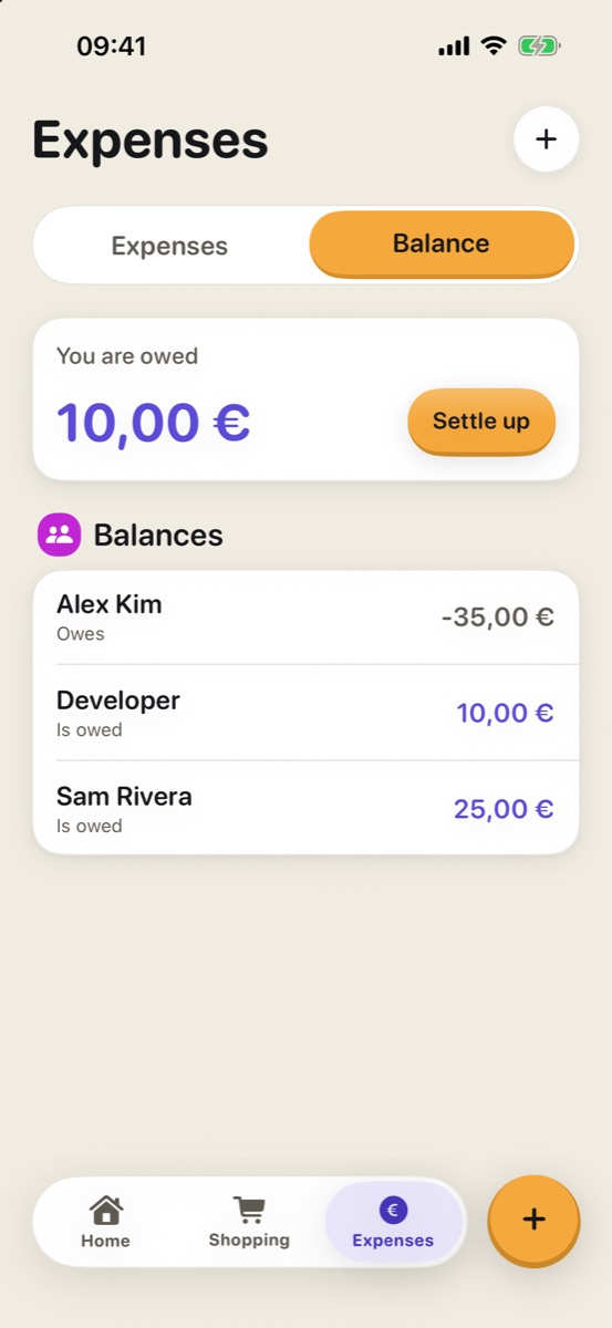 Saldos: te deben 10 euros, con el botón Settle up y el saldo de cada persona