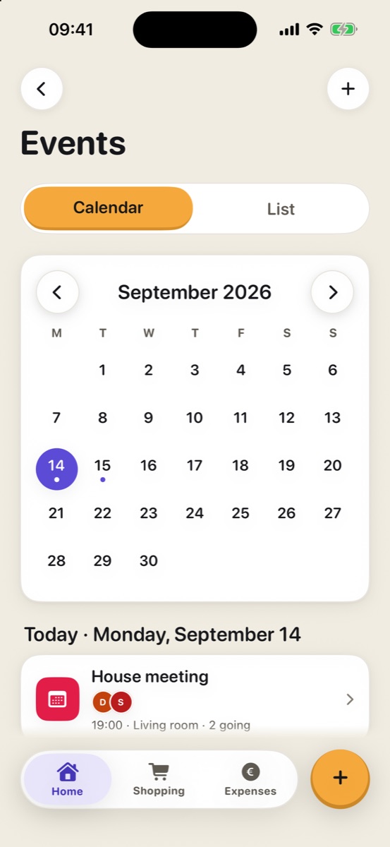 Eventos en calendario: el mes con los días marcados y los eventos del día elegido