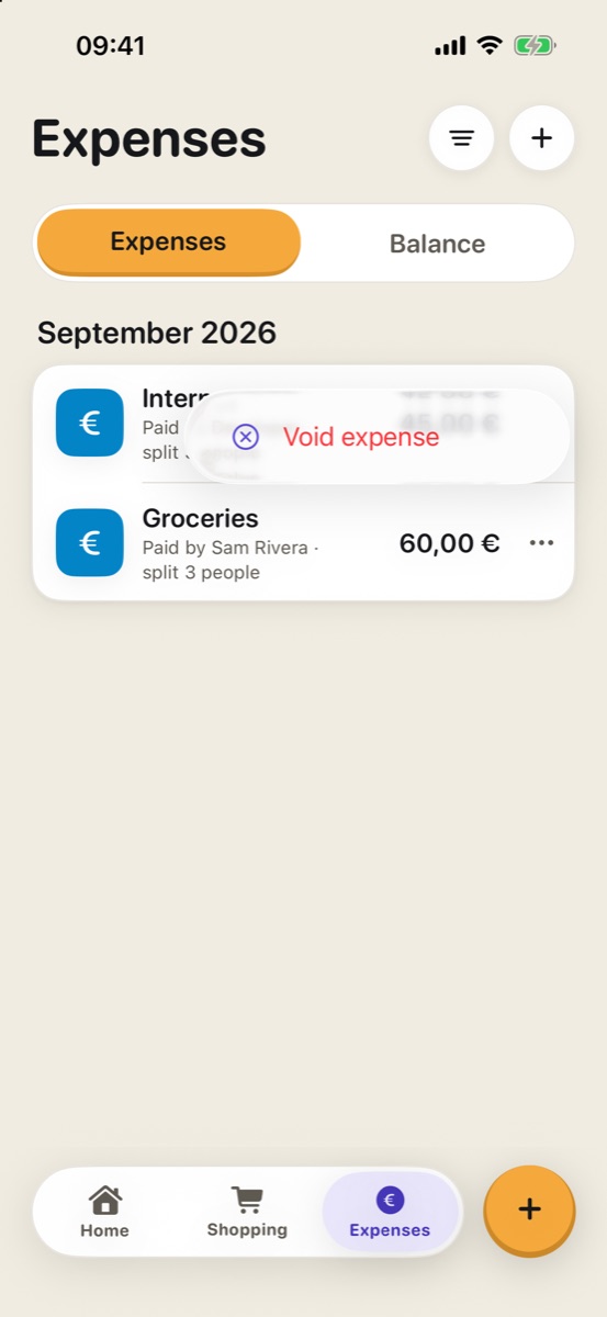 Menú de un gasto con la opción Void expense