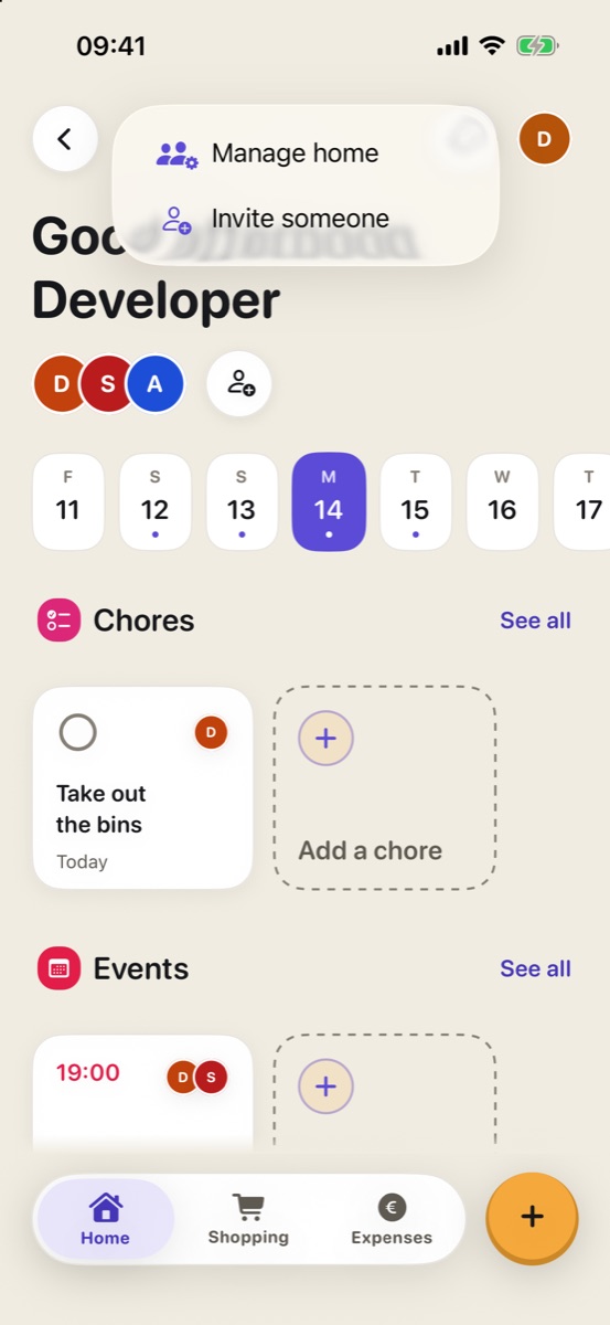 Menú de la casa abierto, con Manage home e Invite someone