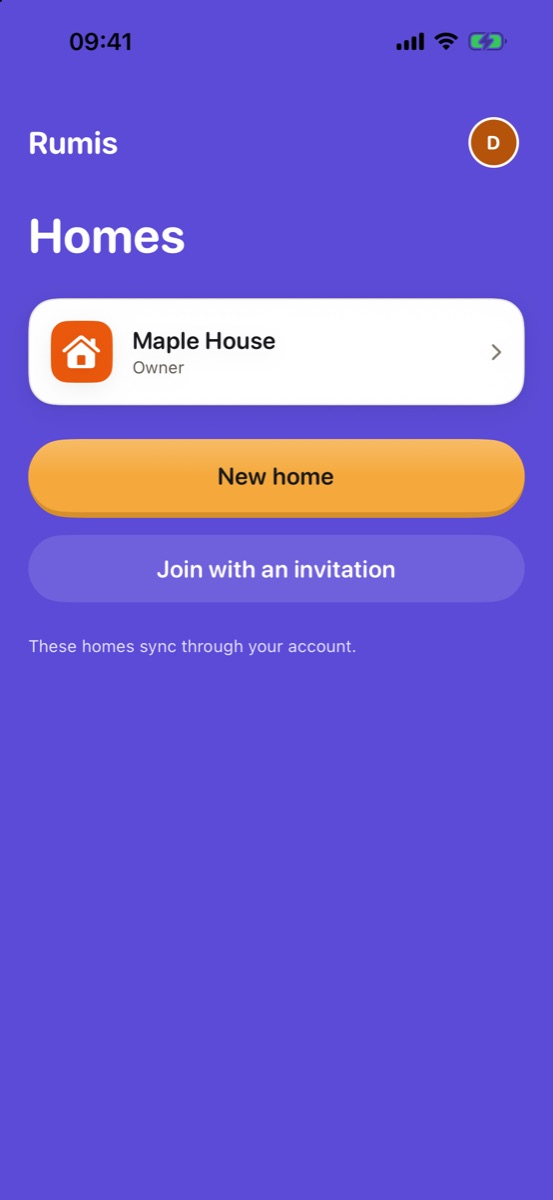Lista de casas con Maple House, y los botones New home y Join with an invitation