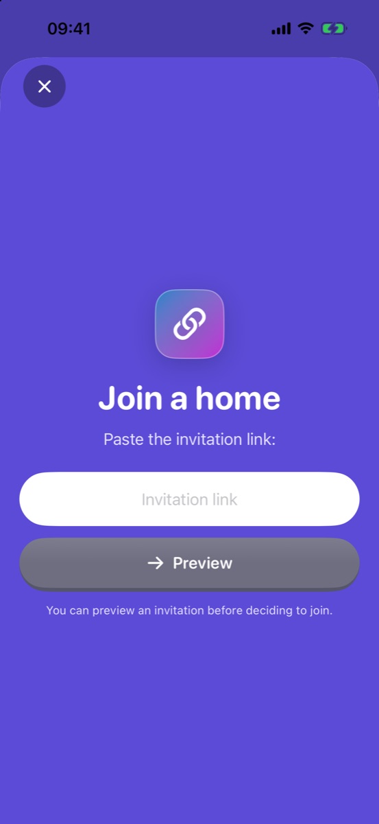Hoja Join a home, con el campo para pegar el enlace de invitación