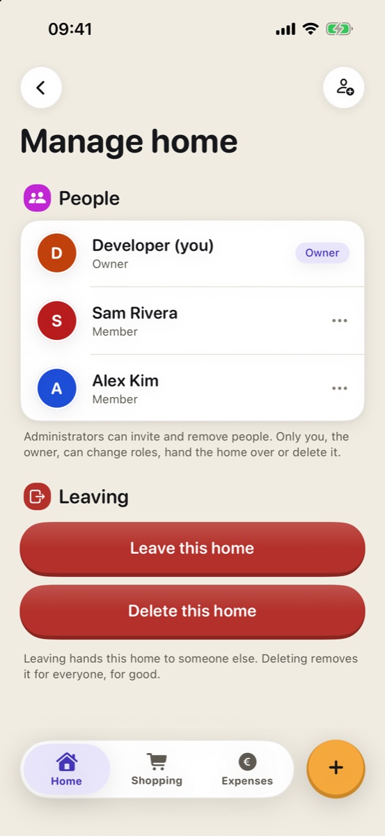 Manage home: las personas de la casa con su rol, y los botones Leave this home y Delete this home