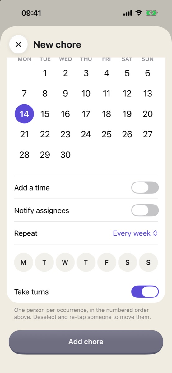 Tarea que se repite cada semana, con los días de la semana y la opción Take turns