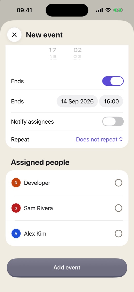 Final de la hoja New event: fin, avisos, repetición y personas asignadas