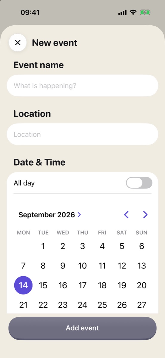 Hoja New event con el nombre, el lugar, todo el día y el calendario