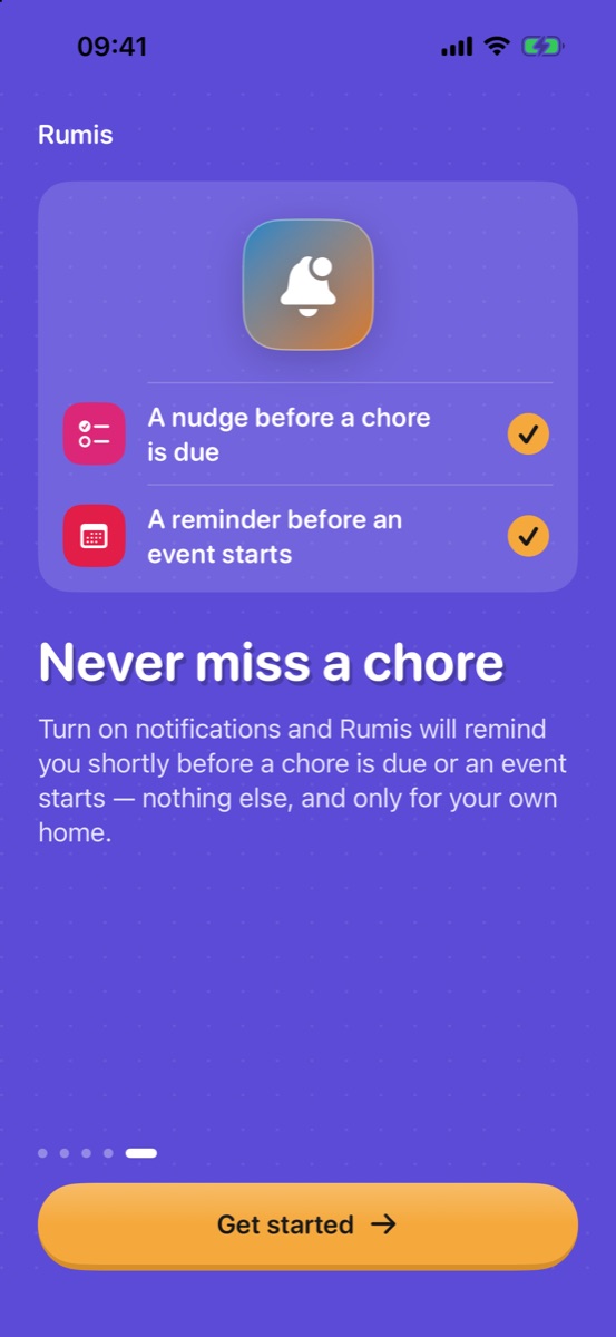 Quinta página: avisos antes de una tarea o un evento, con el botón Get started