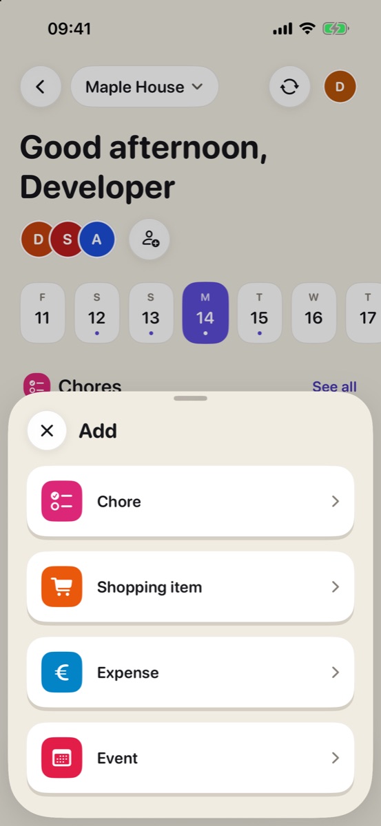 Hoja Add con cuatro opciones: tarea, artículo de la compra, gasto y evento