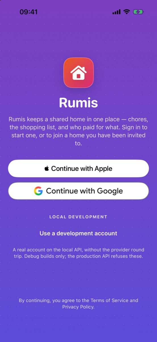 Inicio de sesión con Continue with Apple y Continue with Google; esta versión de desarrollo añade una cuenta de desarrollo