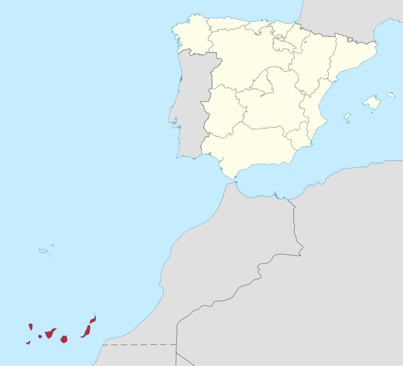 Mapa de España y el norte de África con las Islas Canarias resaltadas en rojo, al suroeste, frente a la costa africana