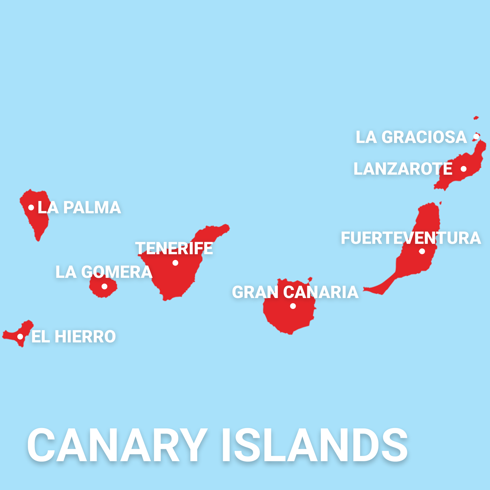 Mapa de las ocho Islas Canarias: La Palma, El Hierro, La Gomera, Tenerife, Gran Canaria, Fuerteventura, Lanzarote y La Graciosa